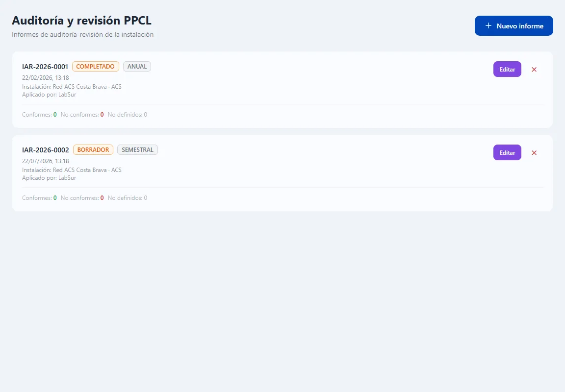 Pantalla Auditoría y revisión del plan con un informe de auditoría-revisión anual completado de una instalación.