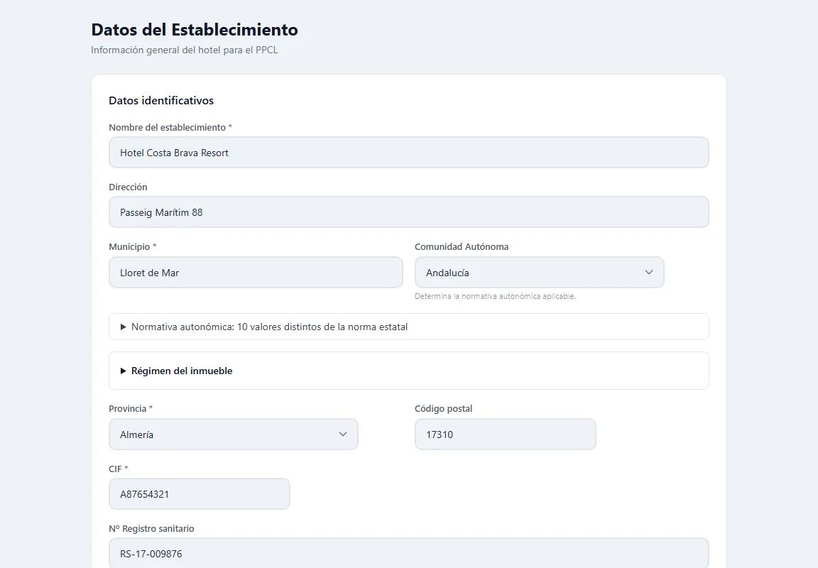 Pantalla Datos del Establecimiento de PPCL App Web con los datos identificativos del hotel para el plan de prevención y control de Legionella.