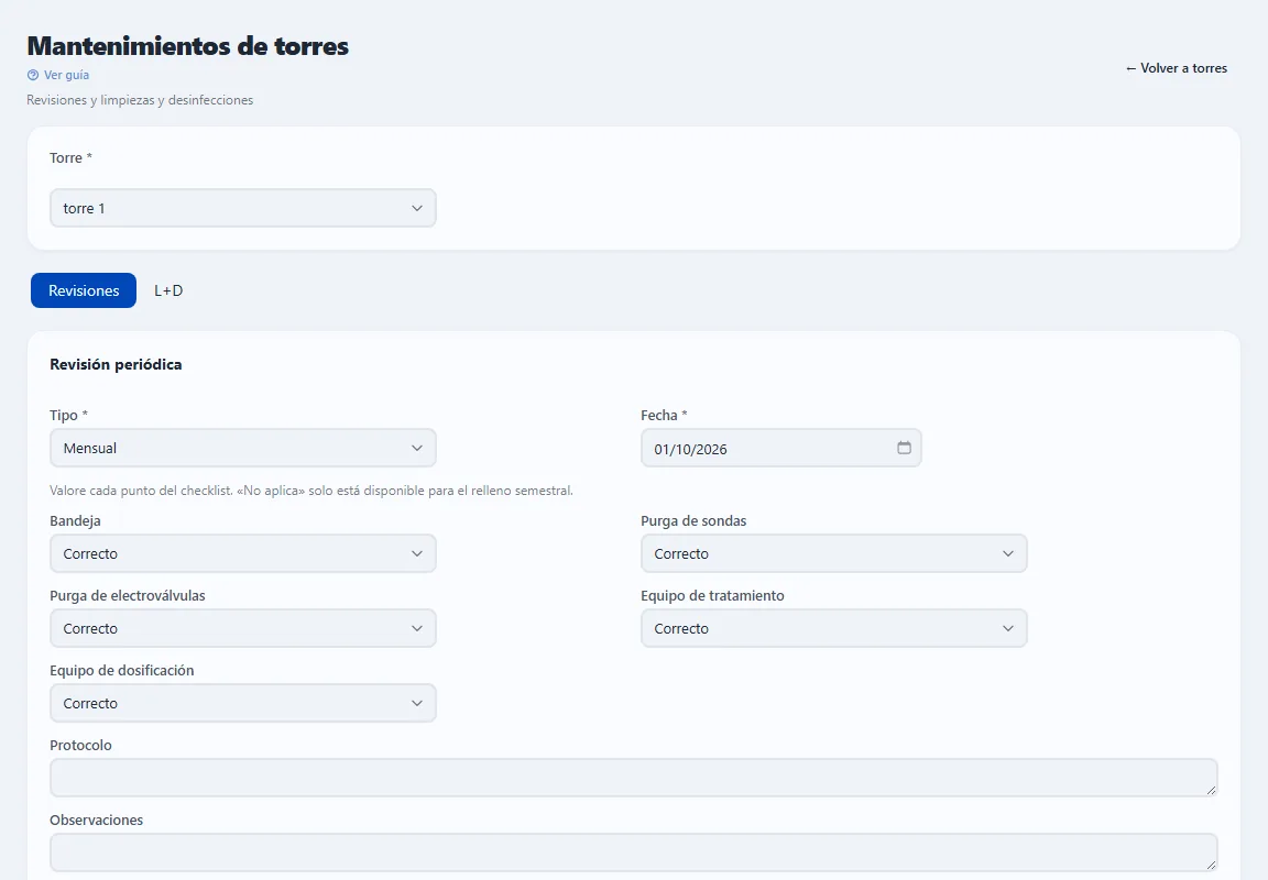 Pantalla Mantenimientos de torres de PPCL App Web con las revisiones periódicas y las limpiezas y desinfecciones de la torre seleccionada.