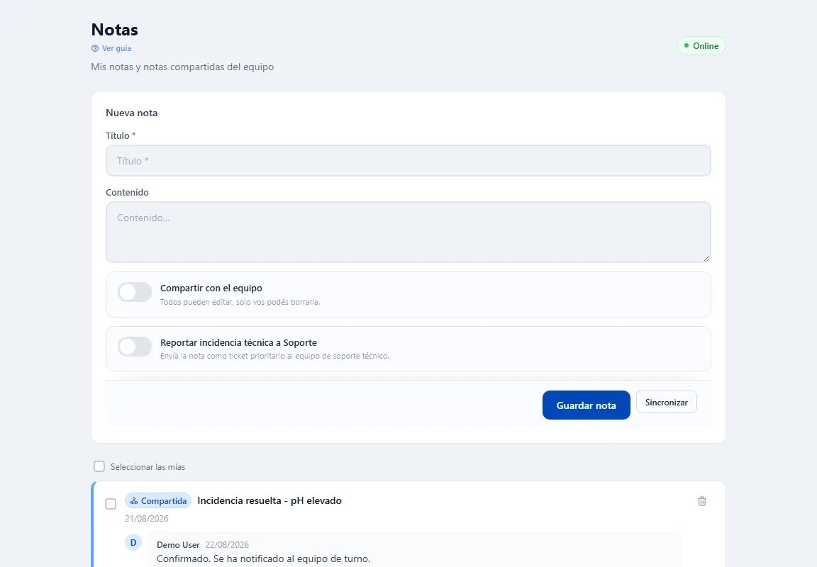 Pantalla Notas de PPCL App Web con las notas personales y las notas compartidas del equipo.