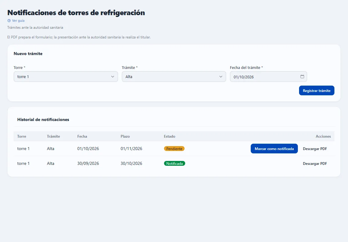 Pantalla Notificaciones de torres de refrigeración de PPCL App Web con los trámites de alta, modificación o baja ante la autoridad sanitaria y el formulario en PDF.