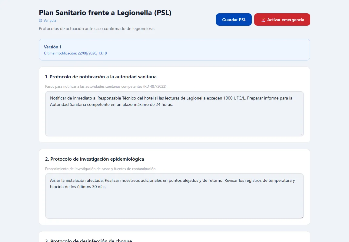 Pantalla del Plan Sanitario frente a Legionella con su protocolo de actuación.